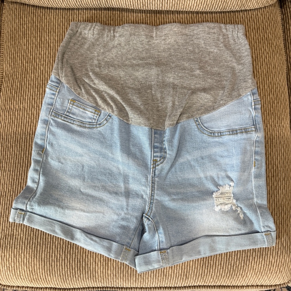Gray and Light Blue Maternity Denim Shorts